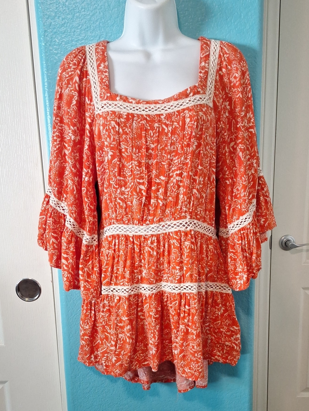Free People Orange Floral Square-Neck Tiered Mini Dress with Lace Sz M